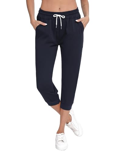 Sykooria Damen 3/4 Jogginghose Trainingshose High Waist Sporthose Yoga Hosen Freizeithose Sweathose Baumwolle für Laufen Yoga Fitness, Dunkelblau XL von Sykooria