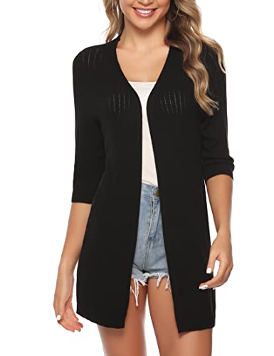 Sykooria Strickjacke Damen Sommer Lang Casual 3/4 Ärmel Leichte Cardigan Elegant Drapierte Strickjacken Dünne Strick Cardigan, Schwarz L von Sykooria