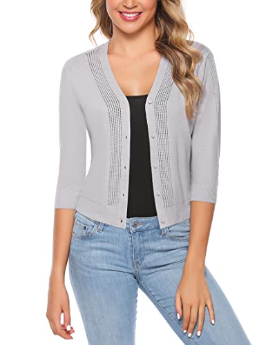 Sykooria Strickjacke Damen Bolero 3/4 Ärmel Cardigan Kurz Elegant Sommerjacke Leicht Dünne Kurzjacke Strickjacken, Grau XXL von Sykooria