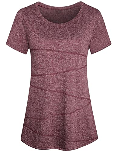 Sykooria Damen Sport Fitness T-Shirt Kurzarm Rundhals Laufshirt Trainingsshirt Leicht Atmungsaktiv Shortsleeve Gym Fitness Yoga Top, Weinrot S von Sykooria