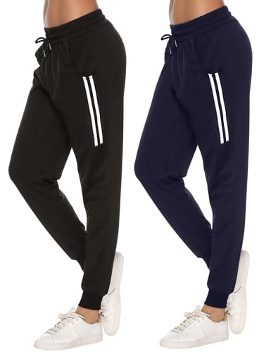 Sykooria Damen Jogginghose Sporthose Lang Yoga Hosen Freizeithose Laufhosen Baumwolle High Waist Trainingshose für Frauen, 2pcs-Schwarz+Dunkelblau, M von Sykooria