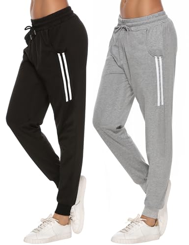 Sykooria Damen Jogginghose Sporthose Lang Yoga Hosen Freizeithose Laufhosen Baumwolle High Waist Trainingshose für Frauen, 2pcs-Schwarz+Grau, M von Sykooria