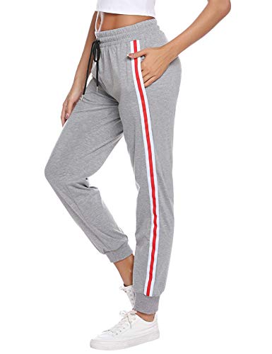 Sykooria Damen Jogginghose Sporthose Lang Yoga Hosen Freizeithose Laufhosen Baumwolle High Waist Trainingshose für Frauen mit Streifen-Streifen-grau-S von Sykooria