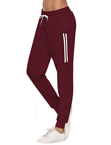 Sykooria Damen Jogginghose Sporthose Lang Yoga Hosen Freizeithose Laufhosen Baumwolle High Waist Trainingshose für Frauen mit Streifen-Streifen B-rot-L von Sykooria