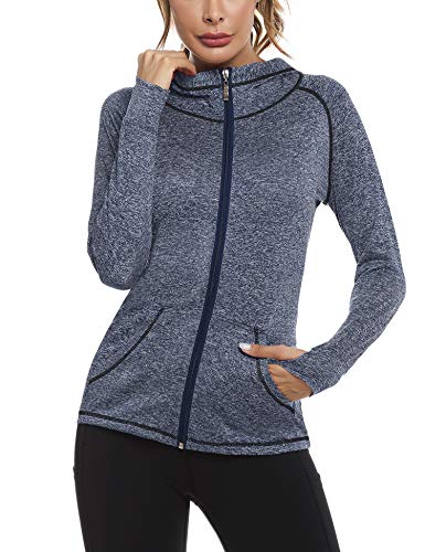 Sykooria Damen Sweatjacke Langarm Trainingsjacke Laufjacke Hoodie Leichte Atmungsaktiv Sportjacke voll Zip Kapuzenjacke mit Daumenloch und Seitentasche Fitness von Sykooria