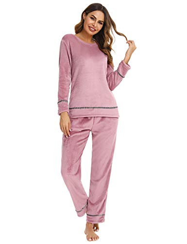 Sykooria Schlafanzug Damen Winter warm Hausanzug Damen Kuschelig Pyjama aus Flanell Zweiteilige Nachtwäsche Set Fleece Oberteile & Pyjamahosen Hausanzug Sleepwear, Rosa, L von Sykooria