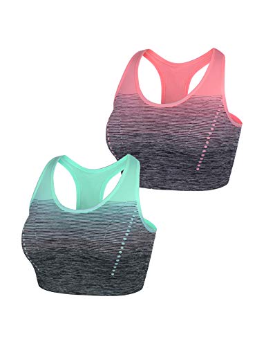 Sykooria Damen Sport BH Gepolstert Bustier Damen BH ohne Buegel Racerback Push up BH mit Farbverlauf Sport Top für Yoga Fitness, 2 PCS, Grün+pink, L von Sykooria