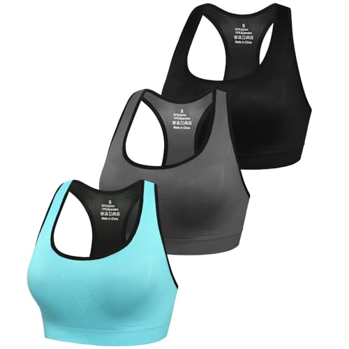 Sykooria Damen Sport BH Gepolstert Bustier Damen BH ohne Buegel Racerback Push up BH mit Farbverlauf Sport Top für Yoga Fitness, 317-Schwarz+Grau+Blau, M von Sykooria