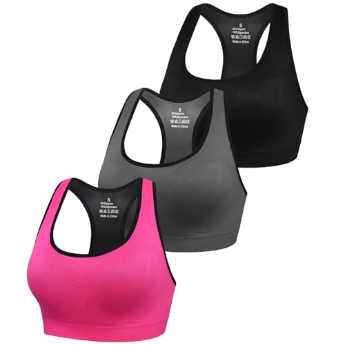 Sykooria Damen Sport BH Gepolstert Bustier Damen BH ohne Buegel Racerback Push up BH mit Farbverlauf Sport Top für Yoga Fitness, 317-Schwarz+Grau+Rosa, L von Sykooria