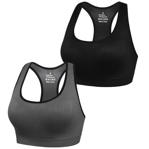 Sykooria Damen Sport BH Gepolstert Bustier Damen BH ohne Buegel Racerback Push up BH mit Farbverlauf Sport Top für Yoga Fitness, 317-Schwarz+Grau, L von Sykooria