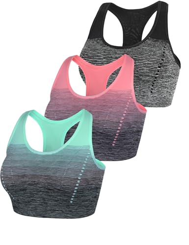 Sykooria Damen Sport BH Gepolstert Bustier Damen BH ohne Buegel Racerback Push up BH mit Farbverlauf Sport Top für Yoga Fitness, Schwarz+Grün+Pink, M von Sykooria