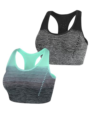 Sykooria Damen Sport BH Gepolstert Bustier Damen BH ohne Buegel Racerback Push up BH mit Farbverlauf Sport Top für Yoga Fitness, Schwarz+Grün, L von Sykooria