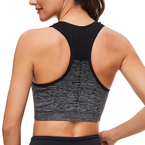 Sykooria Damen Sport BH Gepolstert Bustier Damen BH ohne Buegel Racerback Push up BH mit Farbverlauf Sport Top für Yoga Fitness, Schwarz, M von Sykooria