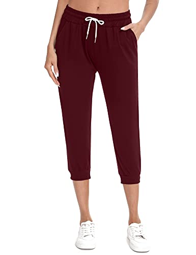 Sykooria Damen 3/4 Jogginghose Trainingshose High Waist Sporthose Yoga Hosen Freizeithose Sweathose Baumwolle für Laufen Yoga Fitness, Weinrot S von Sykooria