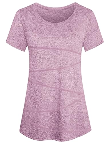 Sykooria Damen Sportshirt Kurzärmliges Sport T-Shirt mit Rundhalsausschnitt Leicht Atmungsaktiv Trainingsshirt Fitness Shirt Gym Yoga Tops, Light Purple XXL von Sykooria