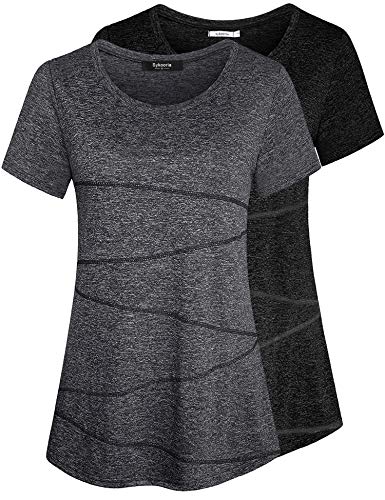 Sykooria Damen Sportshirt Kurzärmliges Sport T-Shirt mit Rundhalsausschnitt Leicht Atmungsaktiv Trainingsshirt Fitness Shirt Gym Yoga Tops 2er Pack, Schwarz + Dunkelgrau XXL von Sykooria