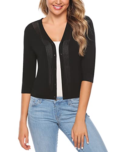 Sykooria Bolero Damen Strickjacke 3/4 Ärmel Leicht Cardigan Kurz Elegant Strick Sommer Jäckchen Dünne Strickjacken, Schwarz XL von Sykooria