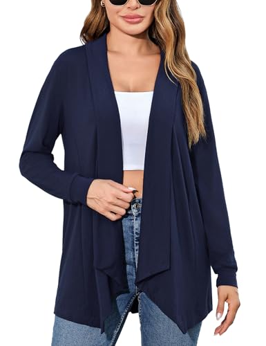 Sykooria Damen Strickjacke Lang Herbst Cardigan Langarm Dünne Strickjacken Leichte Longstrickjacke Open Front Strickmantel Jäckchen, Navy blau S von Sykooria
