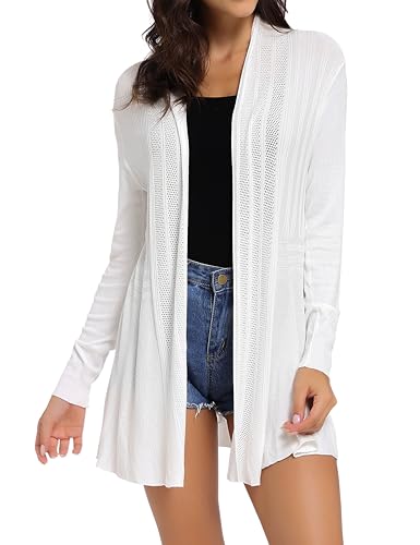 Sykooria Damen Cardigan Langarm Einfarbig Lustig Lang Strickjacke Langarmshirt mit Leichter, Weiß, M von Sykooria