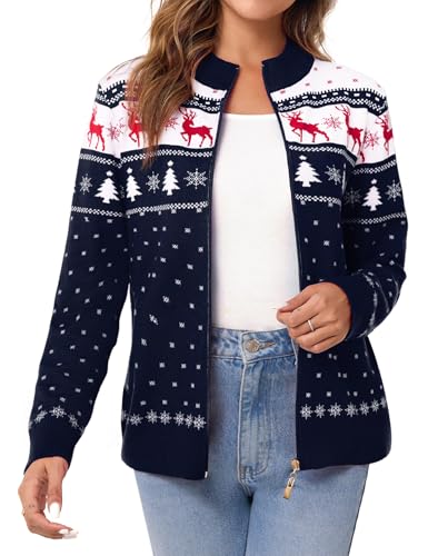 Sykooria Damen Strickjacke Weihnachten Jacke Langarm Cardigan Wärme Outwear Sweater mit Stehkragen und Reißverschluss, Navy Blau XXL von Sykooria