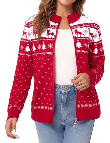 Sykooria Damen Strickjacke Weihnachten Jacke Langarm Cardigan Wärme Outwear Sweater mit Stehkragen und Reißverschluss, Rot XXL von Sykooria