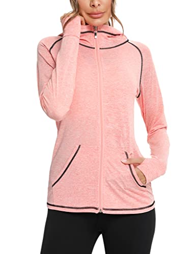 Sykooria Damen Sweatjacke Langarm Trainingsjacke Laufjacke Hoodie Leichte Atmungsaktiv Sportjacke voll Zip Kapuzenjacke mit Daumenloch und Seitentasche Fitness von Sykooria