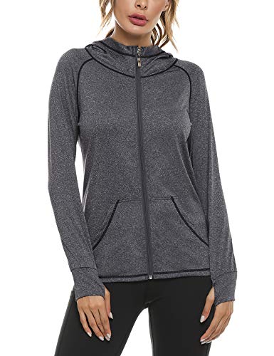 Sykooria Damen Sweatjacke Langarm Trainingsjacke Laufjacke Hoodie Leichte Atmungsaktiv Sportjacke voll Zip Kapuzenjacke mit Daumenloch und Seitentasche Fitness von Sykooria