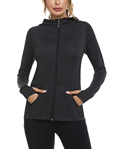 Sykooria Damen Sweatjacke Langarm Trainingsjacke Laufjacke Hoodie Leichte Atmungsaktiv Sportjacke voll Zip Kapuzenjacke mit Daumenloch und Seitentasche Fitness von Sykooria