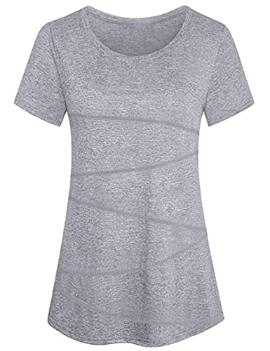 Sykooria Damen T-Shirt Sport Funktionsshirt Kurzarm Rundhals Sportshirt Atmungsaktiv Laufshirt Fitness Laufshirt Yoga Tops, Hellgrau 3XL von Sykooria