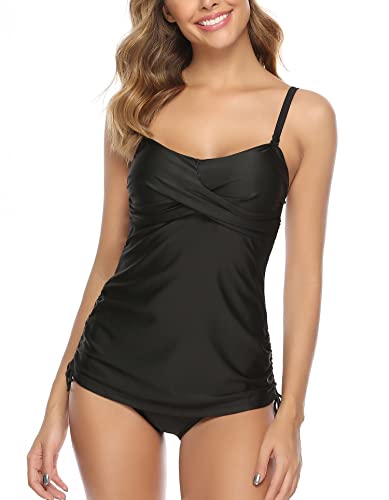 Sykooria Damen Tankini Bademode Set Bauchweg Sexy Zweiteilig Push up Bade Oberteil mit Bikinislip Sommer Blumendruck Badeanzug Badeoberteil Tankinis, Schwarz XL von Sykooria