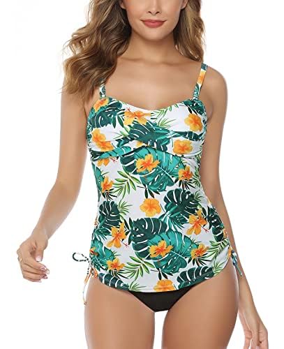 Sykooria Damen Tankini Bademode Zweiteilige Bademode Push Up Bauchweg Badeanzug Oberteil mit Bikini Slip Sommer Blumendruck Badeoberteil Soft Cups, Grüne Blätter XL von Sykooria