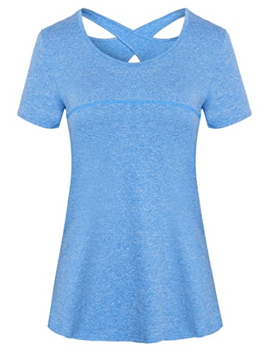 Sykooria Sportshirt Damen Kurzarm Sommer Sport T-Shirts Leichte Back Rückenfrei Funktionsshirt Fitness Oberteile Frauen Rundhals Yoga Top, Blau M von Sykooria