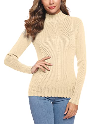 Sykooria Feinstrickpullover Damen Langarm Strickpullover Rundhals Mock Neck Elegant Rollkragenpullover Solide Pullover Basis Winterpullover für Herbst Winter Aprikose XL von Sykooria
