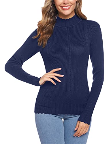 Sykooria Feinstrickpullover Damen Langarm Strickpullover Rundhals Mock Neck Elegant Rollkragenpullover Solide Pullover Basis Winterpullover für Herbst Winter Blau L von Sykooria