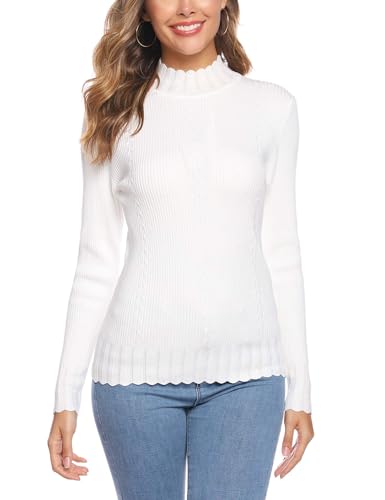 Sykooria Feinstrickpullover Damen Langarm Strickpullover Rundhals Mock Neck Elegant Rollkragenpullover Solide Pullover Basis Winterpullover für Herbst Winter Weiß XXL von Sykooria