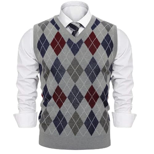 Sykooria Herren Ärmellose Strickweste Kariert Argyle V-Ausschnitt Pullunder Aus Baumwolle Slim Fit Gestrickt Herbst Winter Pullover Business für Männer, 4-Dunkelgrau M von Sykooria