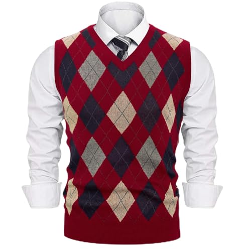 Sykooria Herren Feinstrick Pullunder V Ausschnitt Stricktop ohne Ärmel Bequeme Strickweste für Lagenlook Business oder tägliches Tragen, 4-Weinrot XXL von Sykooria