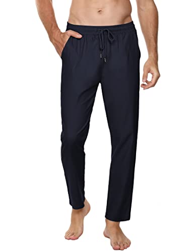 Sykooria Hose Herren mit Kordelzug Leichte Leinen Baumwolle Sommerhose Lang Freizeithose Elastische Taille Strandhosen Stoffhose Casual Herrenhose Schlupfhose mit Taschen, Navy Blau M von Sykooria