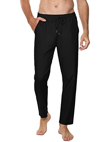 Sykooria Hose Herren mit Kordelzug Leichte Leinen Baumwolle Sommerhose Lang Freizeithose Elastische Taille Strandhosen Stoffhose Casual Herrenhose Schlupfhose mit Taschen, Schwarz M von Sykooria