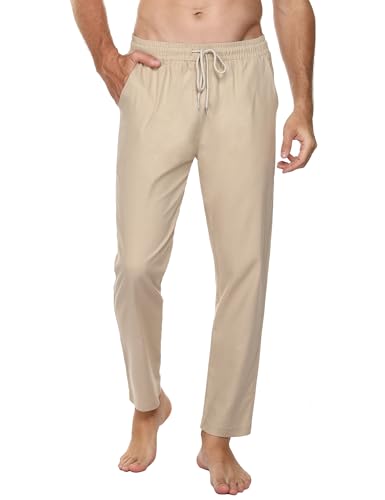 Sykooria Herren Hose Leinen Lang Freizeithose Leichte Sommerhose mit Kordelzug Casual Strandhose Stoffhose Jogginghose Urlaub Herrenhosen Schlupfhosen, Khaki S von Sykooria