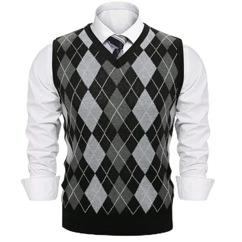 Sykooria Herren Pullunder Strickweste V-Ausschnitt Ärmellos Kariert Baumwolle Acryl Herbst Winter Slim Fit Weste für Männer Casual Business Look, 4-Schwarz Grau XXL von Sykooria