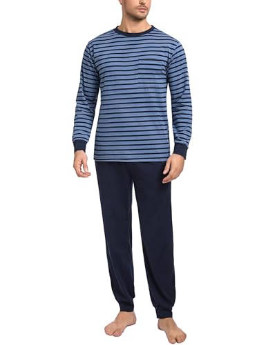 Sykooria Herren Schlafanzug lang mit Bündchen aus Baumwolle Zweiteiliger Pyjama Herren lang, Langarm Shirt & Schlafanzughose, B-Blaue Streifen, 3XL von Sykooria