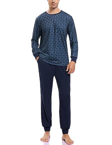 Sykooria Herren Schlafanzug lang mit Bündchen aus Baumwolle Zweiteiliger Pyjama Herren lang, Langarm Shirt & Schlafanzughose, B-PAT, 3XL von Sykooria