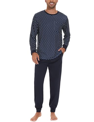 Sykooria Herren Schlafanzug lang mit Bündchen aus Baumwolle Zweiteiliger Pyjama Herren lang, Langarm Shirt & Schlafanzughose, B-PAT2, S von Sykooria