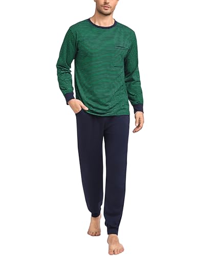 Sykooria Herren Schlafanzug lang mit Bündchen aus Baumwolle Zweiteiliger Pyjama Herren lang, Langarm Shirt & Schlafanzughose, B-grüne Streifen, 4XL von Sykooria