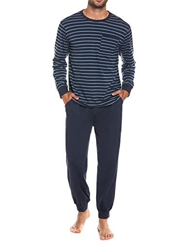 Sykooria Herren Schlafanzug lang mit Bündchen aus Baumwolle Zweiteiliger Pyjama Herren lang, Langarm Shirt & Schlafanzughose, Blau 3XL von Sykooria