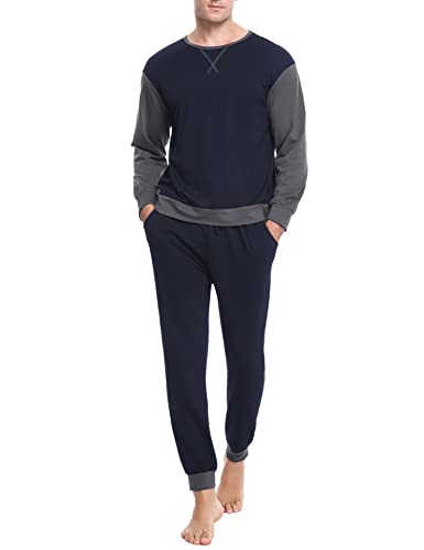 Sykooria Herren Schlafanzug lang mit Bündchen aus Baumwolle Zweiteiliger Pyjama Herren lang, Langarm Shirt & Schlafanzughose, C-Dunkelblau 3XL von Sykooria