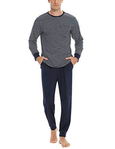 Sykooria Herren Schlafanzug lang mit Bündchen aus Baumwolle Zweiteiliger Pyjama Herren lang, Langarm Shirt & Schlafanzughose, Dunkelblau S von Sykooria