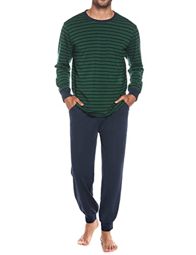 Sykooria Herren Schlafanzug lang mit Bündchen aus Baumwolle Zweiteiliger Pyjama Herren lang, Langarm Shirt & Schlafanzughose, Grün L von Sykooria