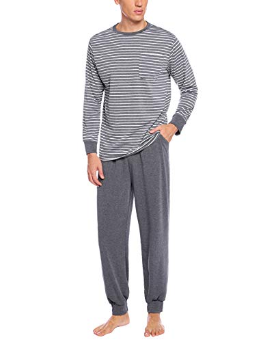 Sykooria Herren Schlafanzug lang mit Bündchen aus Baumwolle Zweiteiliger Pyjama Herren lang, Langarm Shirt & Schlafanzughose, Hellgrau XL von Sykooria